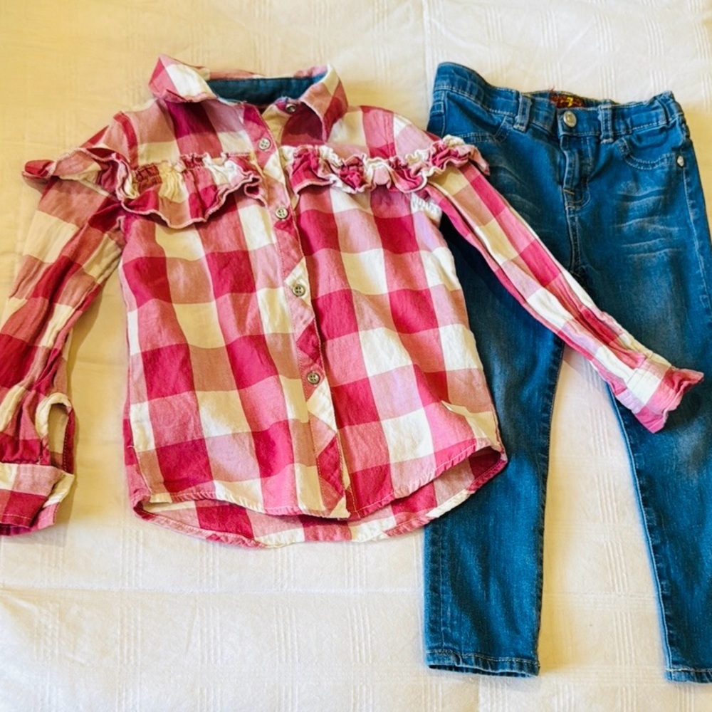 Pink Plaid Ruffle Shirt and Blue Jeans Set. Seven7 Size 4T Toddler/Girls!